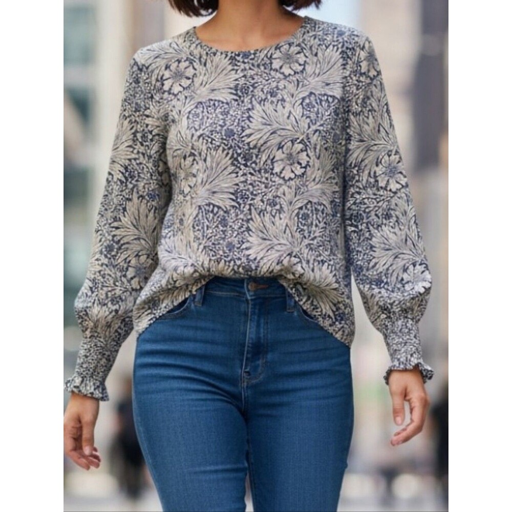 Morris & Co x H&M Blue & White Botanical Floral Print Long-Sleeve Blouse Size 8